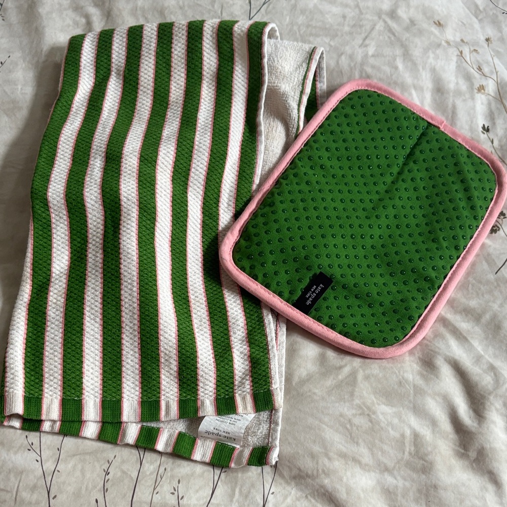 Kate spade Green and White Striped Towel with Green Pot Holder